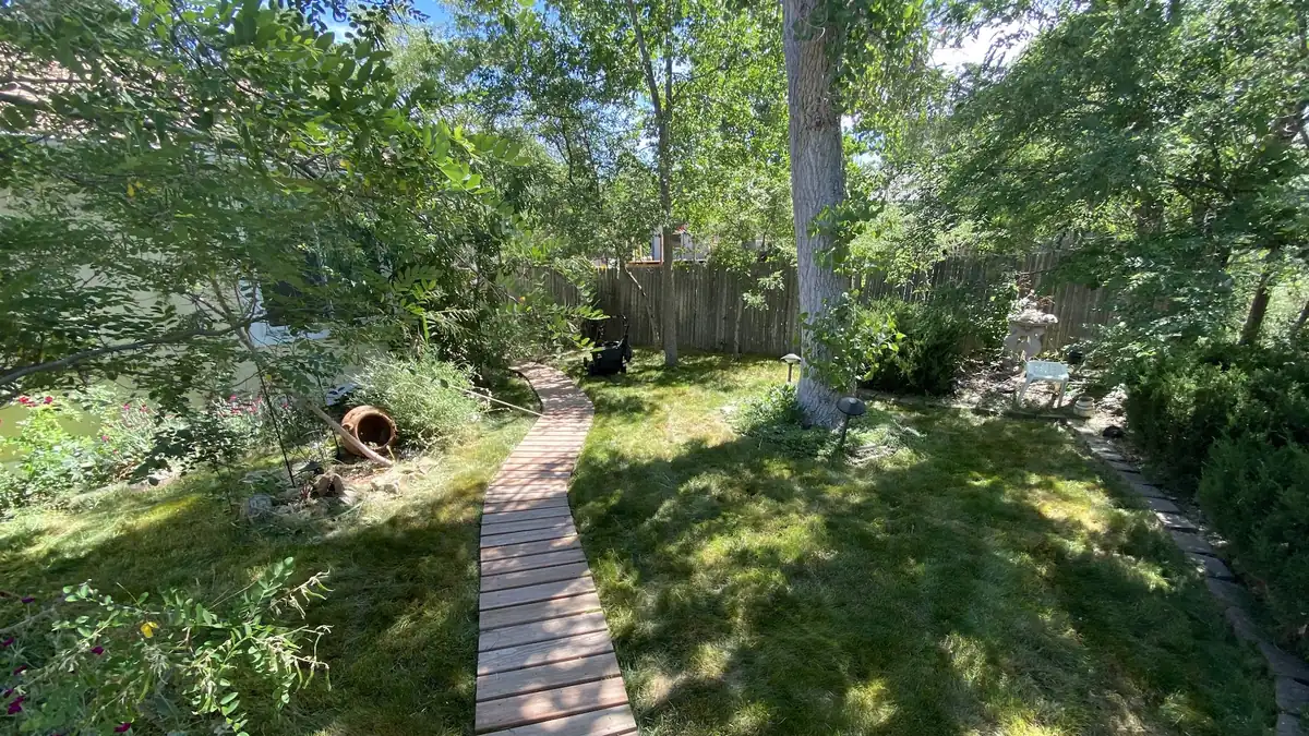 Shaded backyard lawn under mature trees with a wooden path at an Aurora, Colorado home