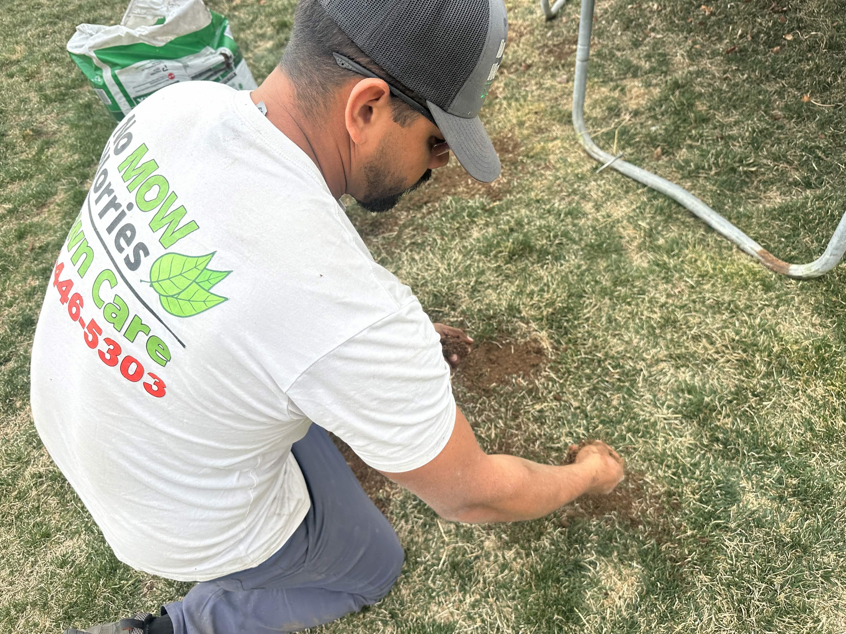 Aurora lawn with patchy grass and bare spots after winter damage